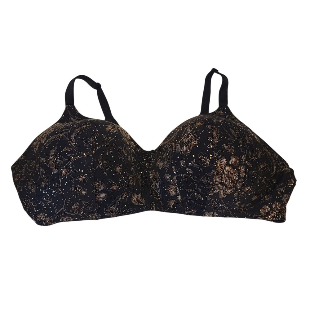 Torrid Dream Wire-Free Lightly Lined Bra 42D Black Gold Metallic Floral Bra